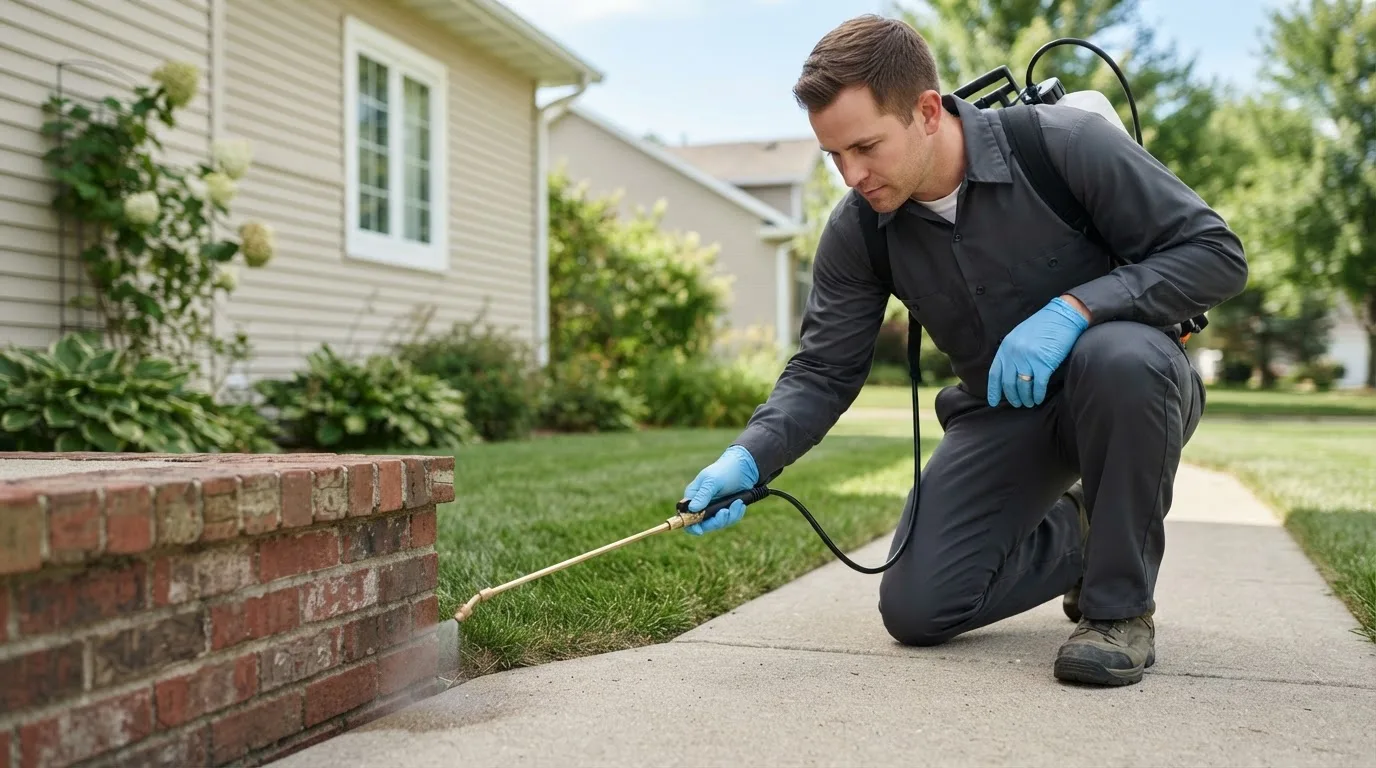 Pest control technician treating a home near Newark, IL