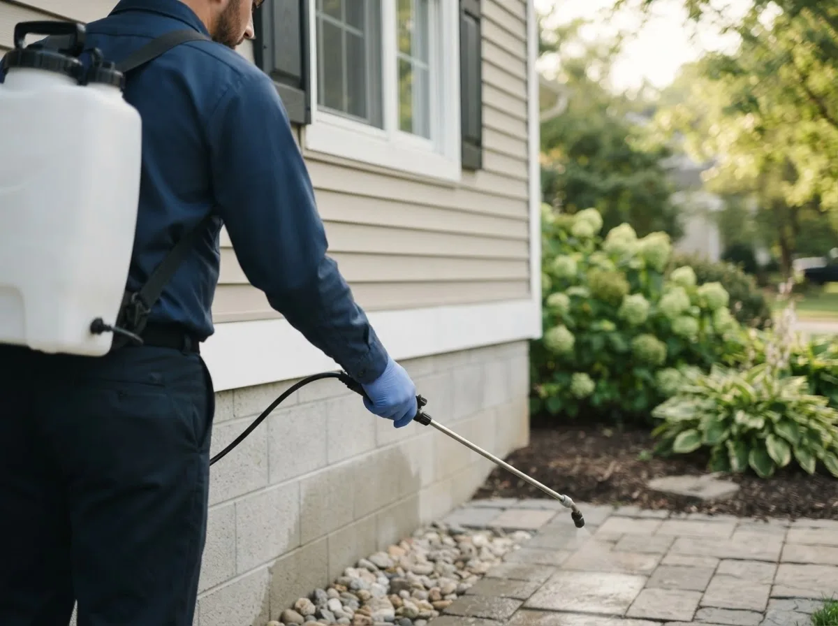 Pest control technician inspecting a home in Newark, IL